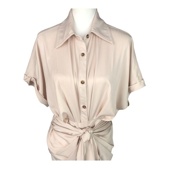 MABLE Cream Satin Drapey Elegant Corpcore Cocktail Button-Down Midi Dress M - Picture 5 of 16